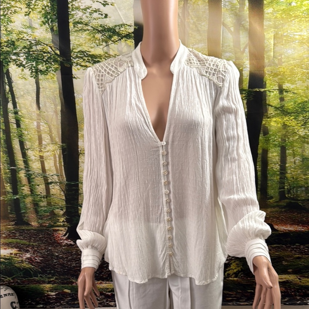 Free People Cream Long Sleeve Pleated Blouse
